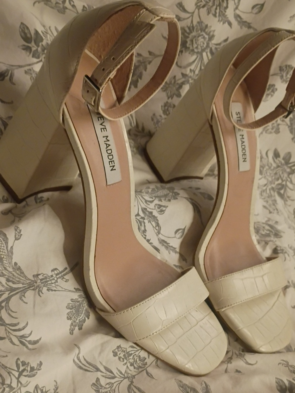 Steve Madden Cream Croc-Embossed Block Heel Sandals